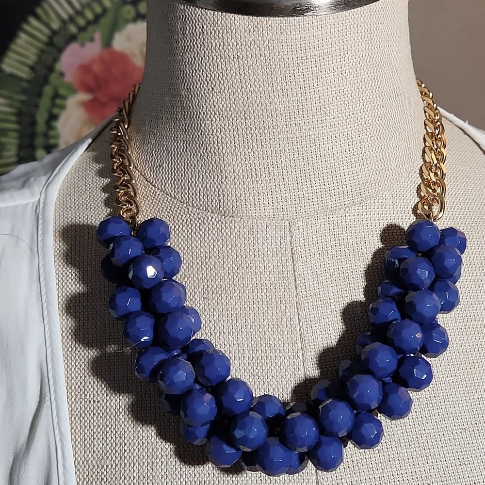 Blue Gold Tone Chain Beaded Cluster Costume Jewelry Necklace